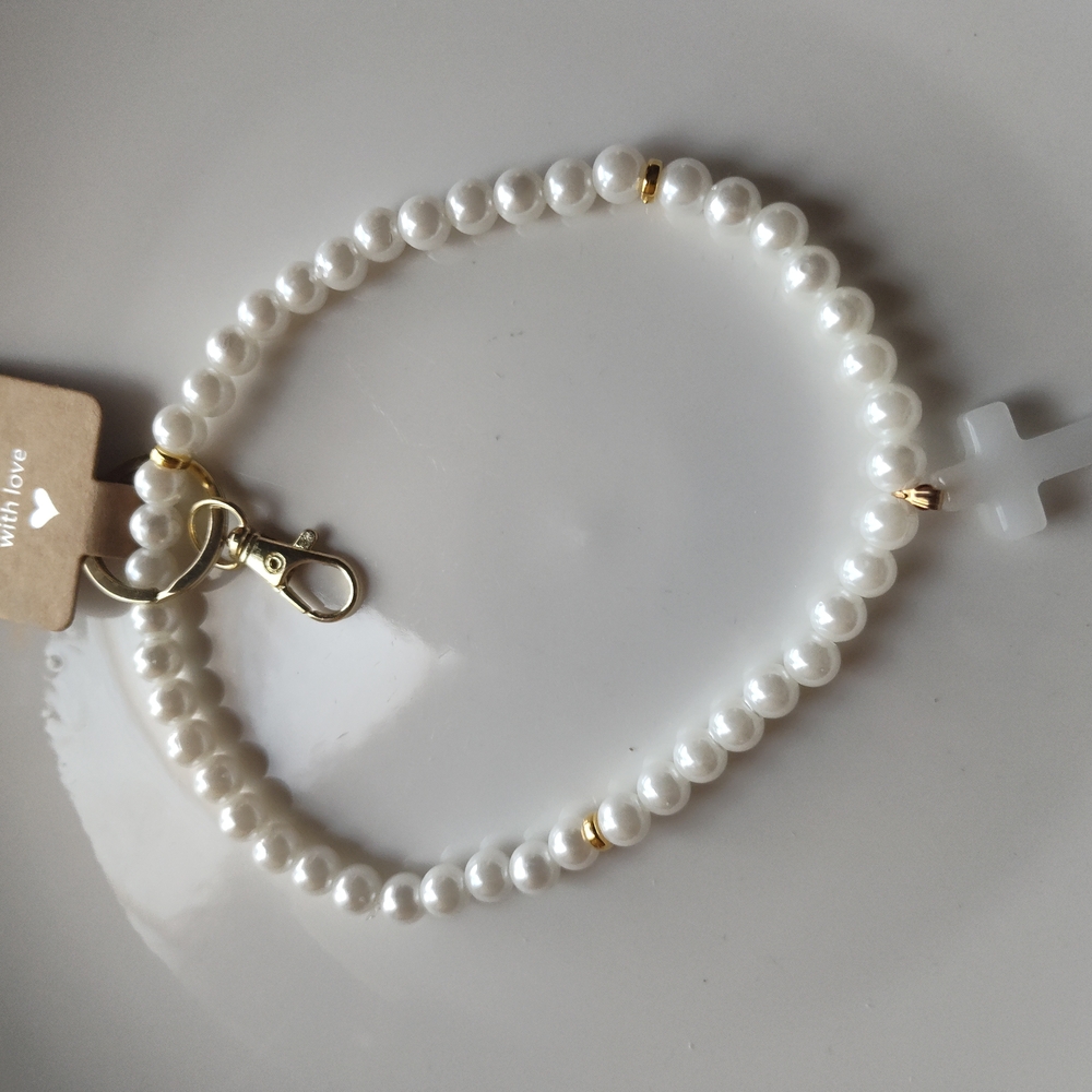 Elegant White Pearl Bracelet with Cross Charm